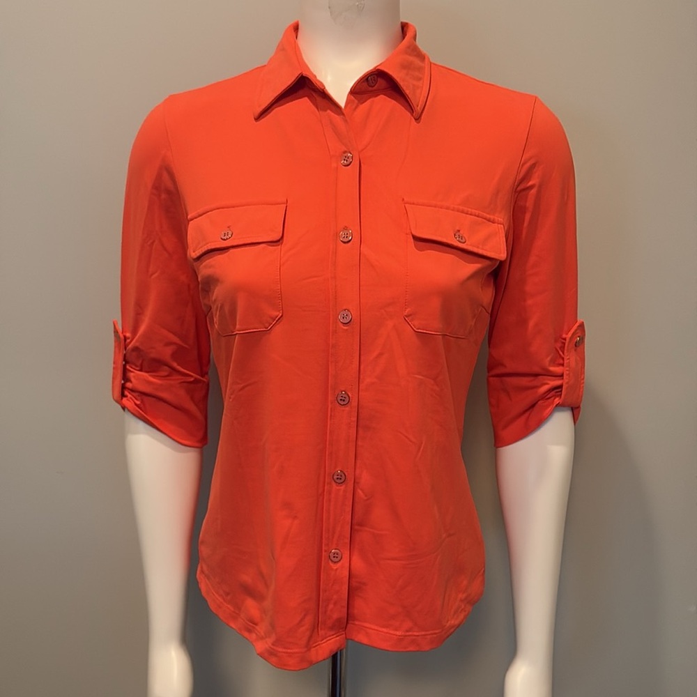 J. McLaughlin Vibrant Orange Button-Down Shirt with Short Sleeves Size S